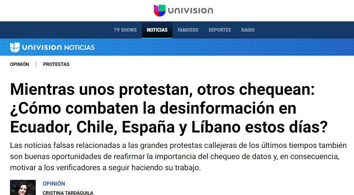 Mientras unos protestan, otros chequean: ¿Cómo combaten la desinformación en Ecuador, Chile, España y Líbano estos días?